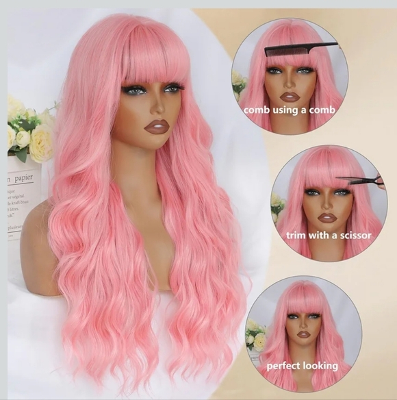 26 Inch Natural Looking Heat Resistant Synthetic Light Pink Wavy Wig with Bangs - Picture 5 of 7